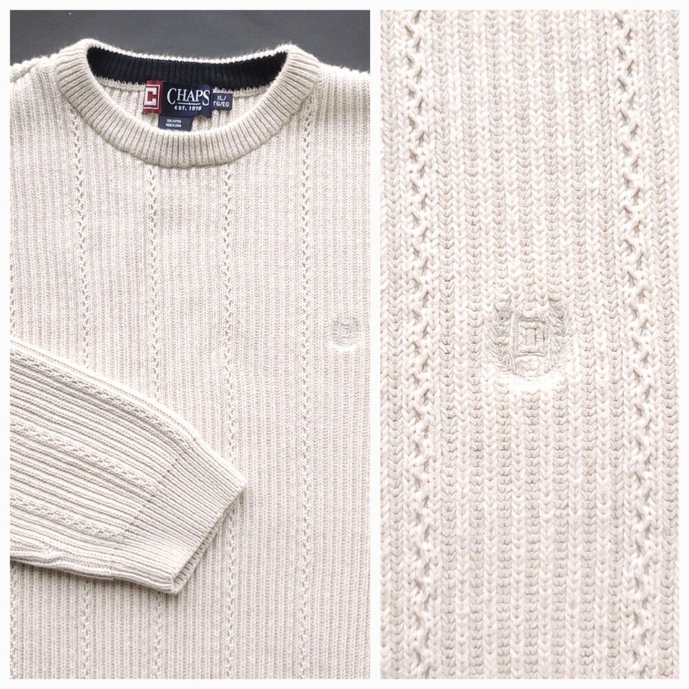 Chaps Fisherman Sweater Mens XL Chunky Ribbed Knit 100% Cotton Cream Beige